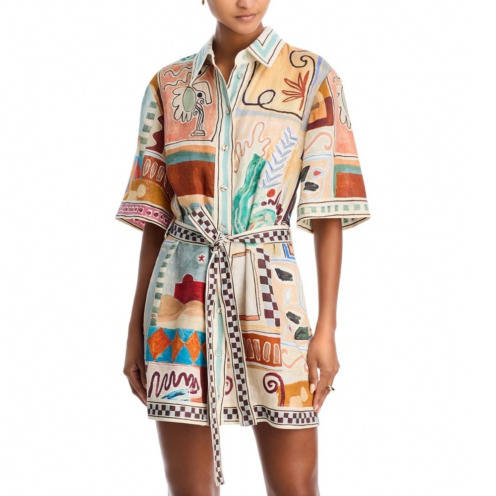 Alemais Michelle Mini Linen Dress Multi Color Abstract Art Shirt Dress Size 10